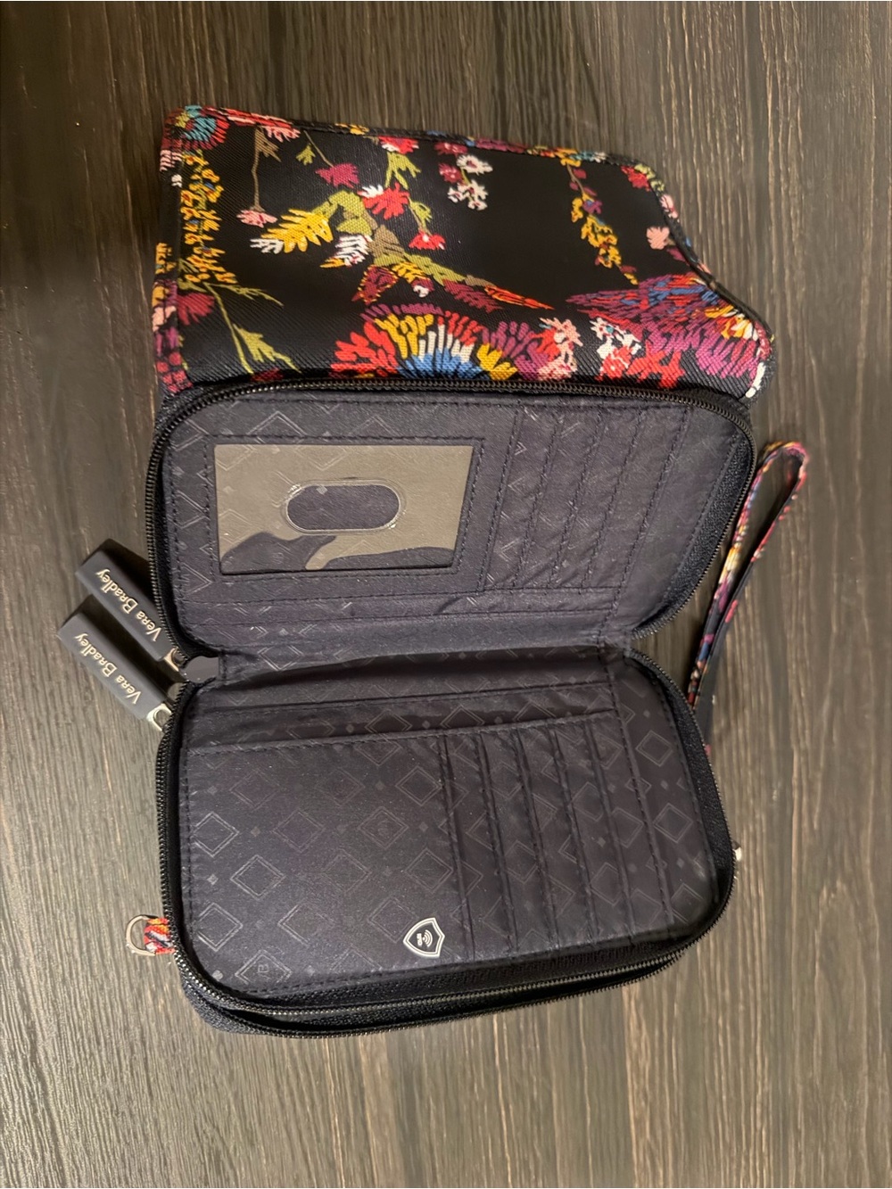 Vera Bradley Black Floral Zip-Around Travel Wallet with Wrist Strap - Picture 1 of 3